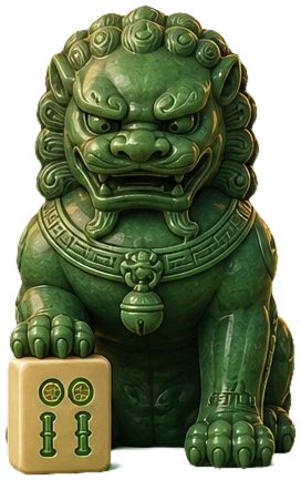 Löwenfigur vor einem Pavillon mit Mahjong-Steinen